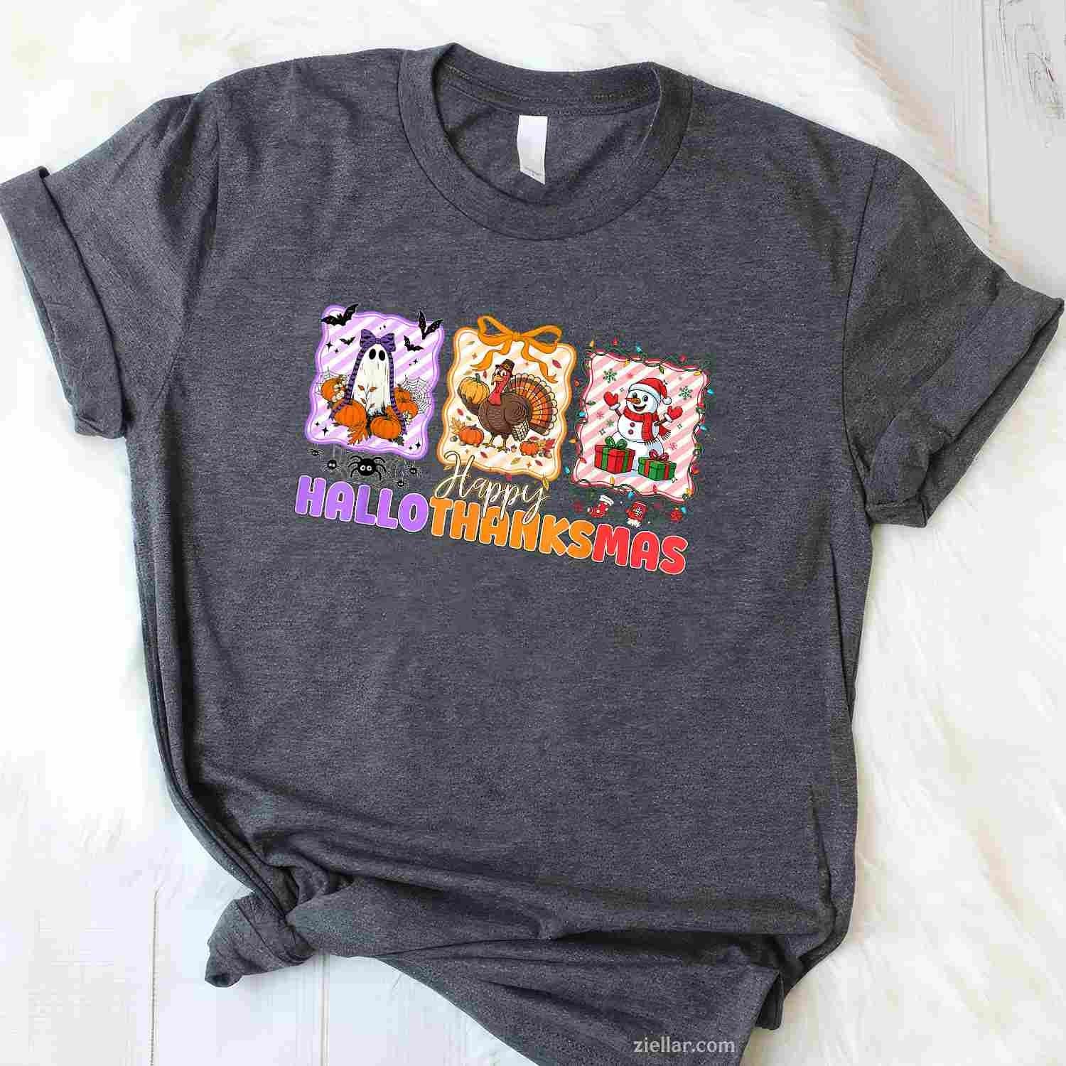 Happy Hallothanksmas Halloween Thanksgiving Christmas Women Funny Graphic Tee and T-Shirt Gift for Adults Men Women Unisex