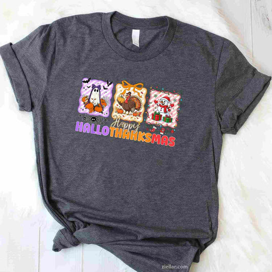 Happy Hallothanksmas Halloween Thanksgiving Christmas Women Funny Graphic Tee and T-Shirt Gift for Adults Men Women Unisex