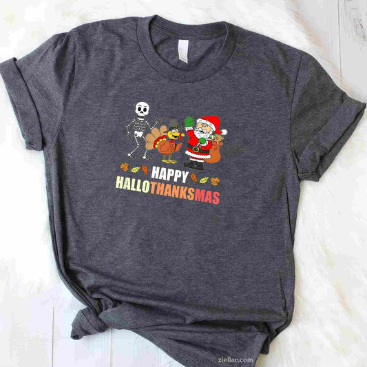 Happy HalloThanksMas Funny Three Holiday Funny Graphic Tee and T-Shirt Gift for Adults Men Women Unisex