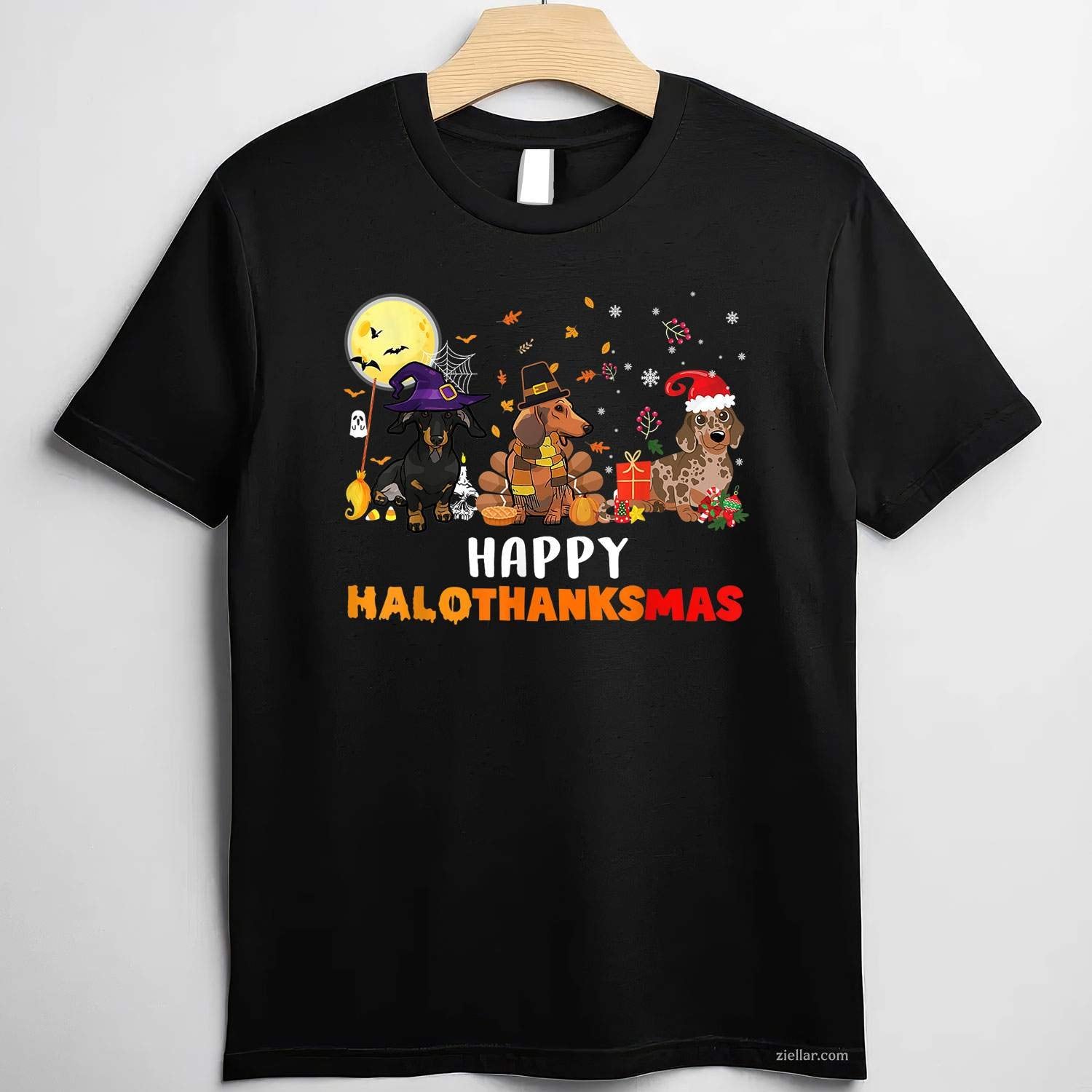 Happy Hallothanksmas Dachshund Dog Lover Halloween Christmas Funny Graphic Tee and T-Shirt Gift for Adults Men Women Unisex