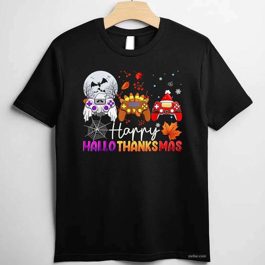 Happy Hallothanksmas Game Controller Gamer Hallothanksmas Funny Graphic Tee and T-Shirt Gift for Adults Men Women Unisex