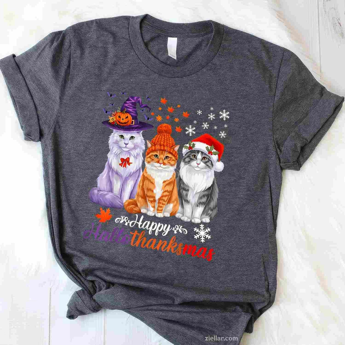 Happy HalloThanksMas Cats Halloween Thanksgiving Christmas Funny Graphic Tee and T-Shirt Gift for Adults Men Women Unisex
