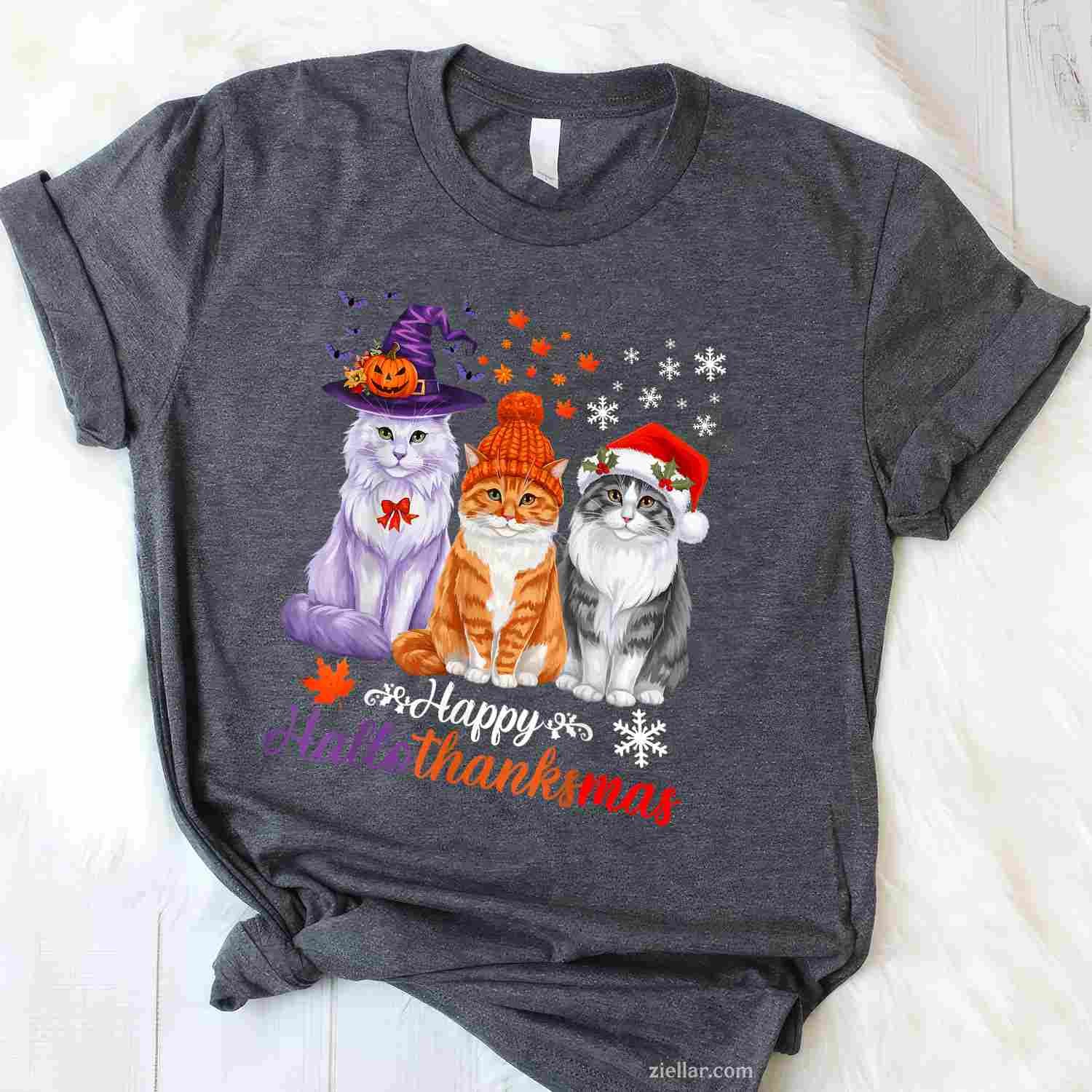 Happy HalloThanksMas Cats Halloween Thanksgiving Christmas Funny Graphic Tee and T-Shirt Gift for Adults Men Women Unisex