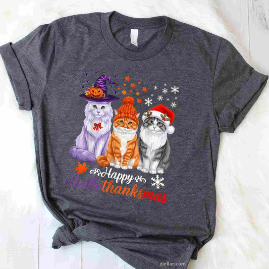 Happy HalloThanksMas Cats Halloween Thanksgiving Christmas Funny Graphic Tee and T-Shirt Gift for Adults Men Women Unisex