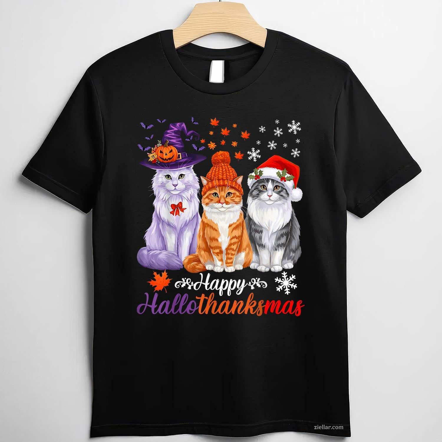 Happy HalloThanksMas Cats Halloween Thanksgiving Christmas Funny Graphic Tee and T-Shirt Gift for Adults Men Women Unisex