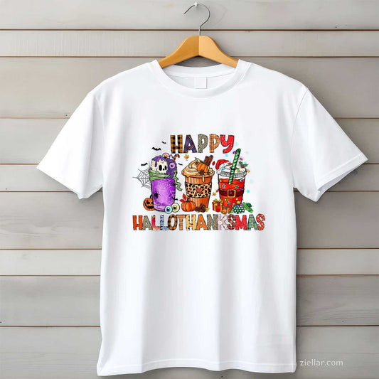 Happy Hallothanksmas Halloween Coffee Latte Thanksgiving Funny Graphic Tee and T-Shirt Gift for Adults Men Women Unisex