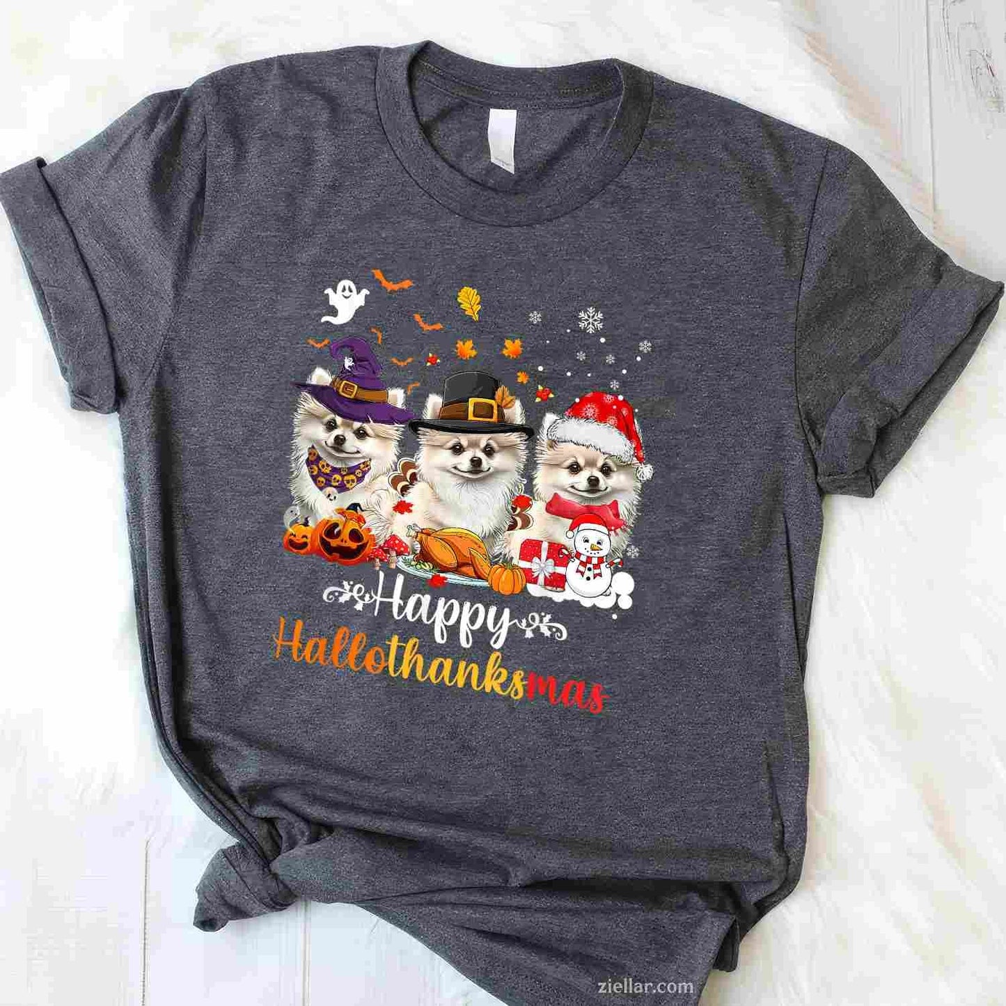 Happy Hallothanksmas Pomeranian Dog Halloween Christmas Men Women Kids Funny Graphic Tee and T-Shirt Gift for Adults Men Women Unisex