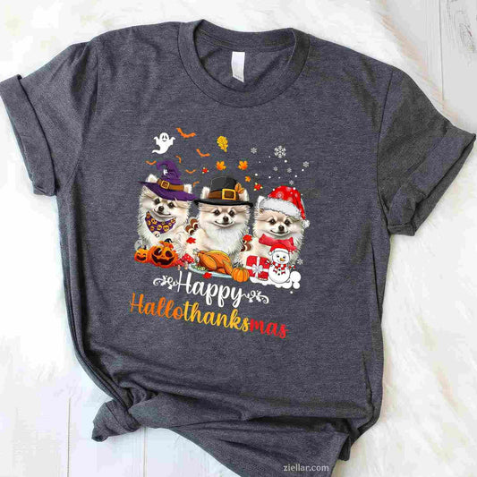 Happy Hallothanksmas Pomeranian Dog Halloween Christmas Men Women Kids Funny Graphic Tee and T-Shirt Gift for Adults Men Women Unisex