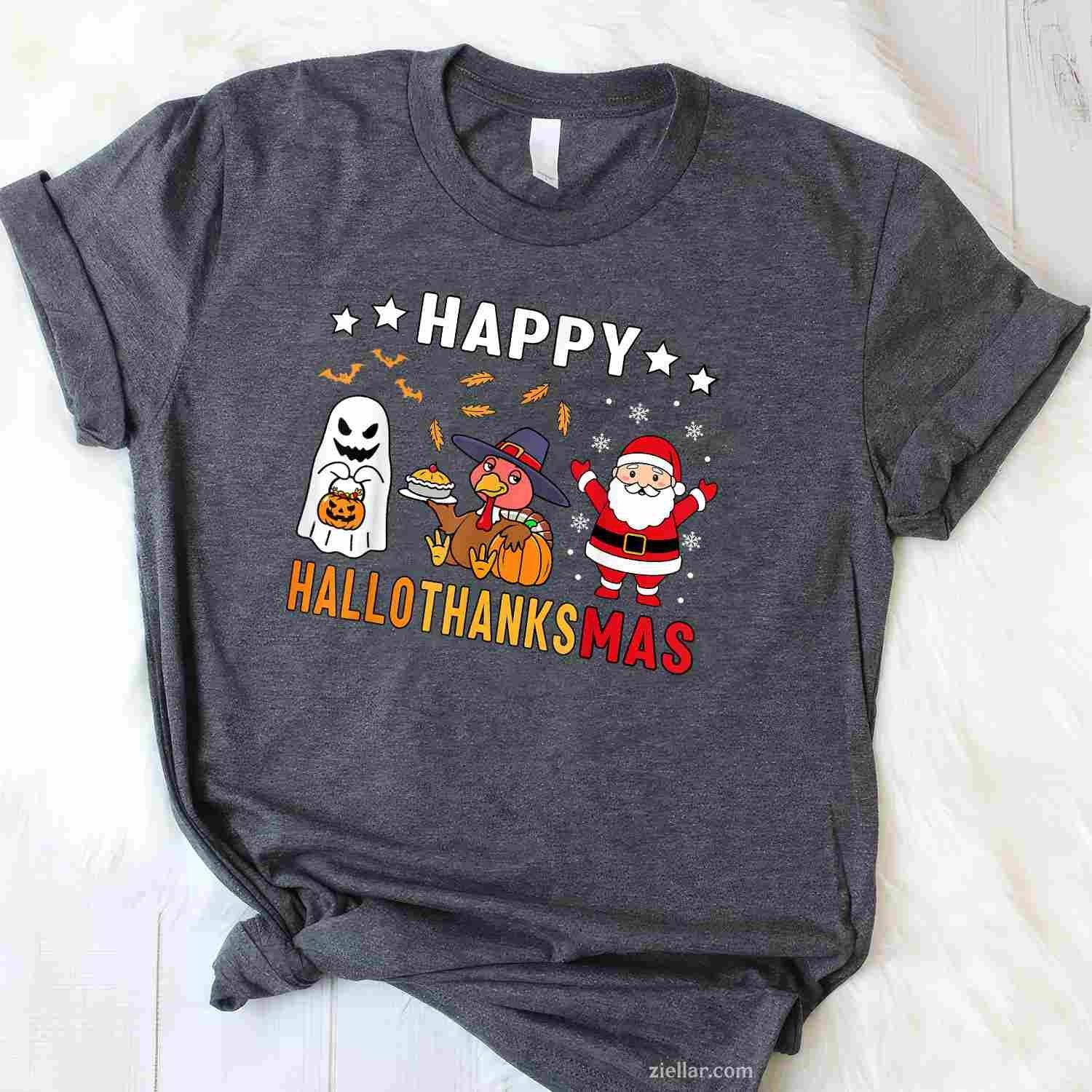 Happy Hallothanksmas Ghost Turkey Pumpkin Christmas Santa Funny Graphic Tee and T-Shirt Gift for Adults Men Women Unisex