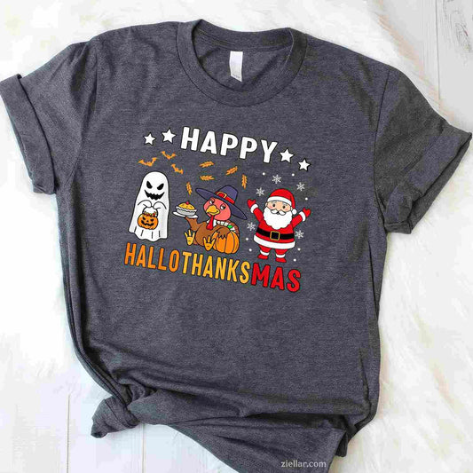Happy Hallothanksmas Ghost Turkey Pumpkin Christmas Santa Funny Graphic Tee and T-Shirt Gift for Adults Men Women Unisex