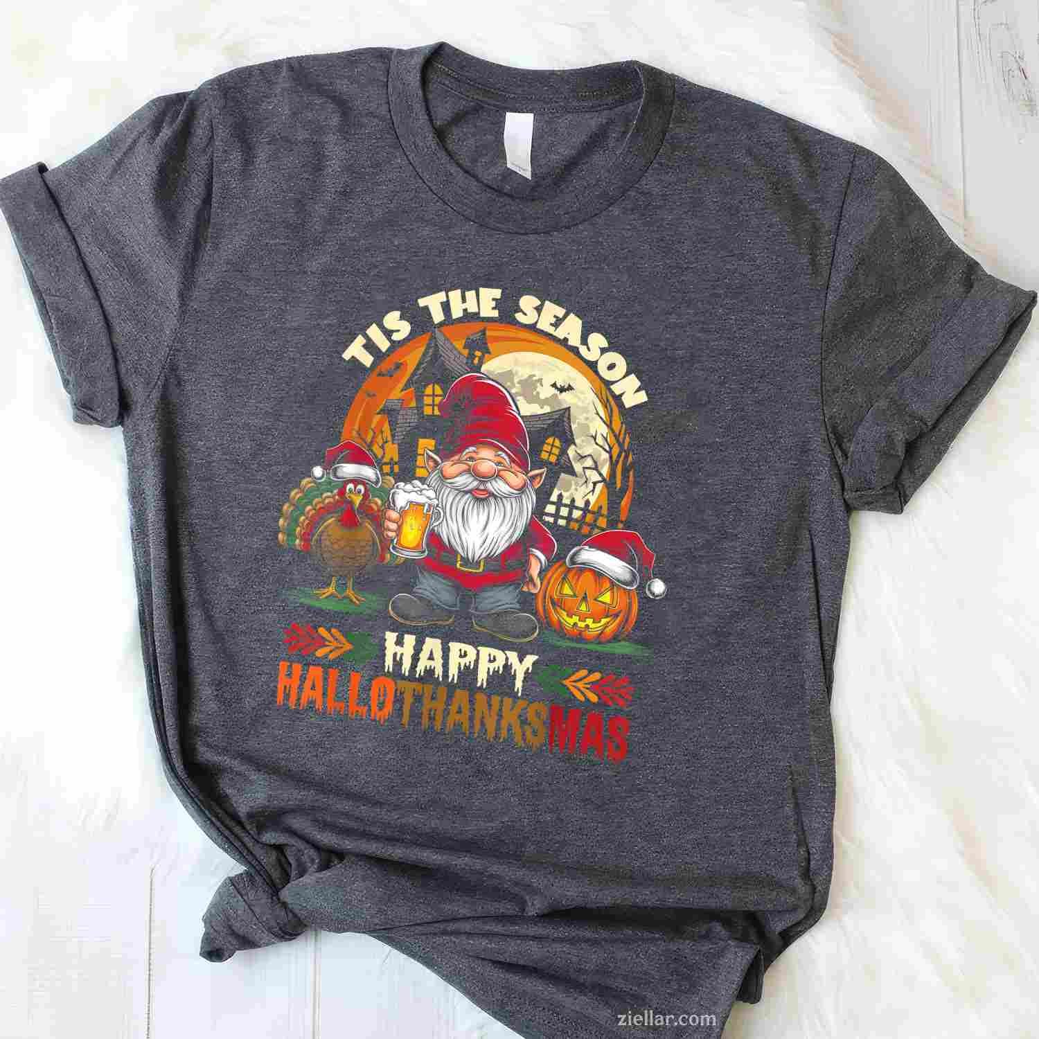 Happy Hallothanksmas Halloween Thanksgiving Merry Christmas Funny Graphic Tee and T-Shirt Gift for Adults Men Women Unisex Limited Edition