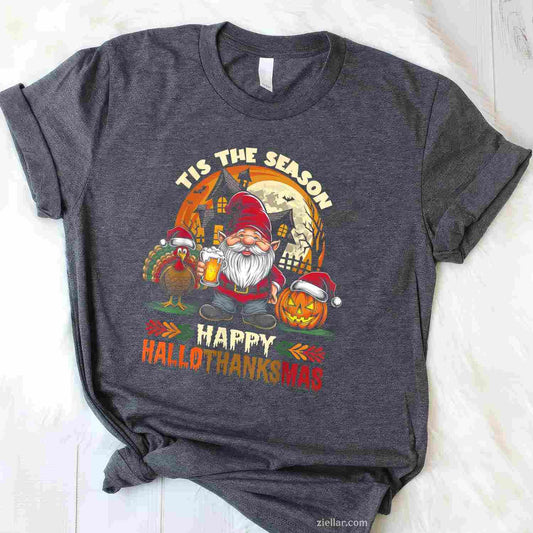 Happy Hallothanksmas Halloween Thanksgiving Merry Christmas Funny Graphic Tee and T-Shirt Gift for Adults Men Women Unisex Limited Edition