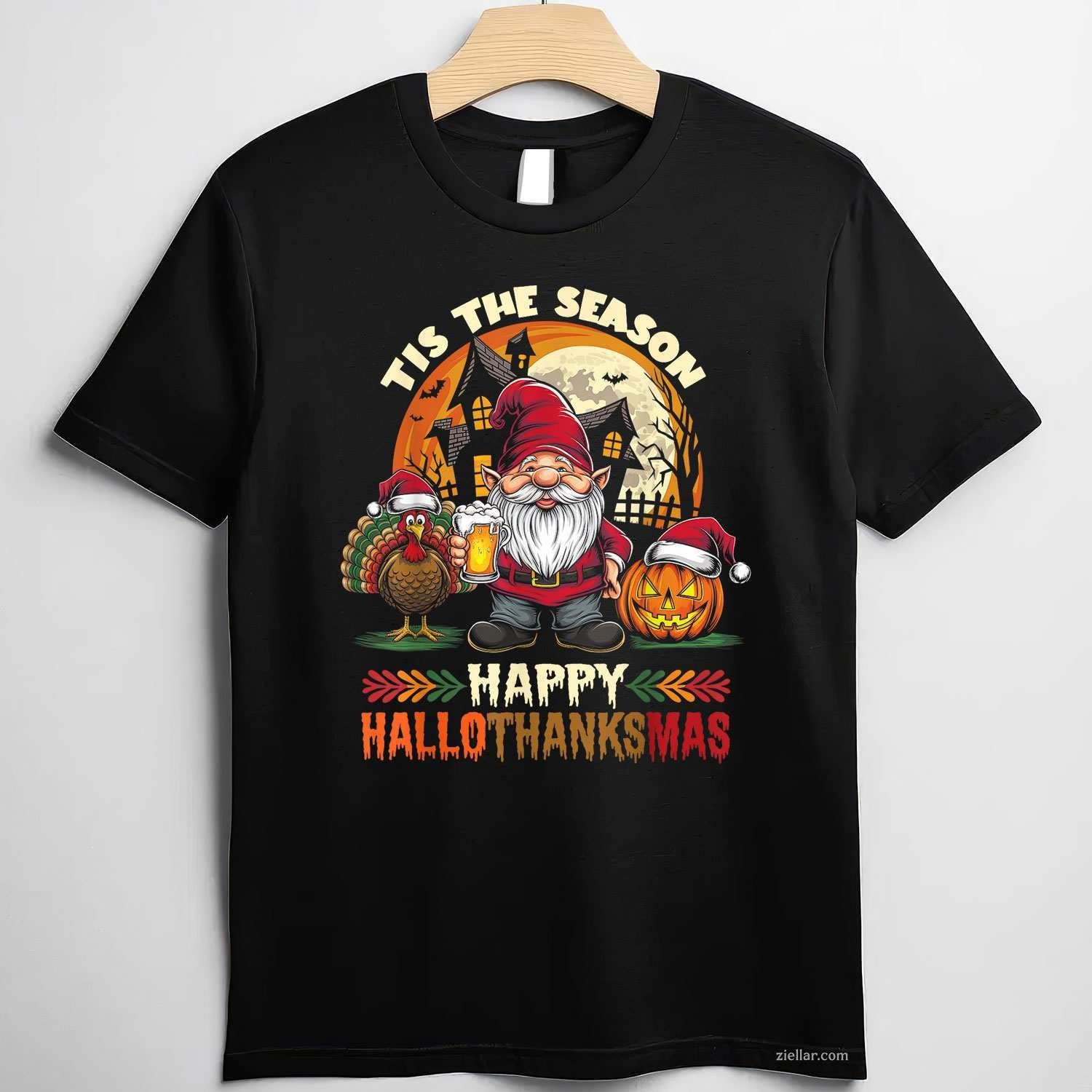 Happy Hallothanksmas Halloween Thanksgiving Merry Christmas Funny Graphic Tee and T-Shirt Gift for Adults Men Women Unisex Limited Edition