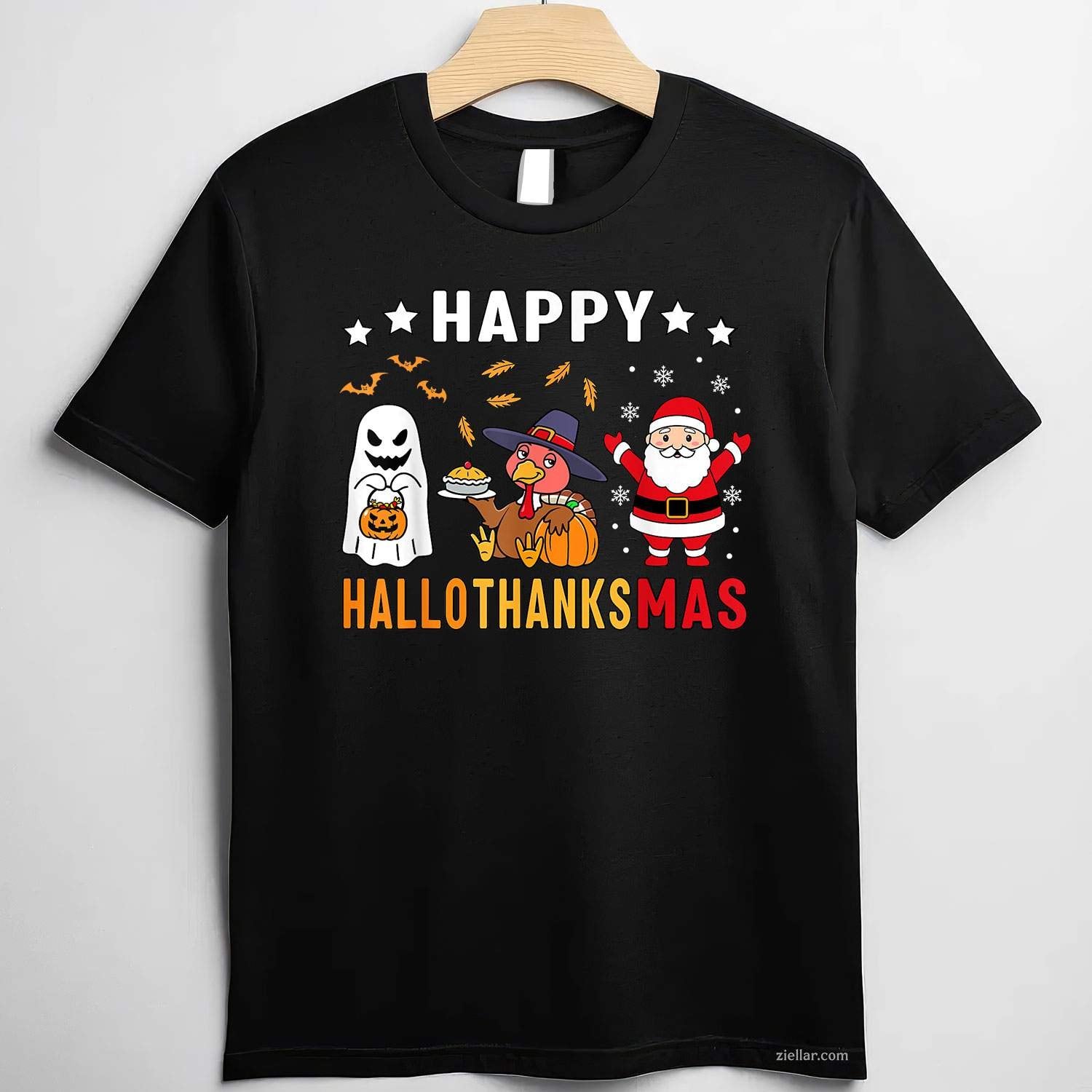 Happy Hallothanksmas Ghost Turkey Pumpkin Christmas Santa Funny Graphic Tee and T-Shirt Gift for Adults Men Women Unisex