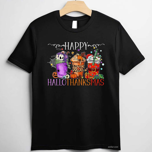 Happy Hallothanksmas Halloween Thanksgiving Christmas Funny Graphic Tee and T-Shirt Gift for Adults Men Women Unisex Limited Edition