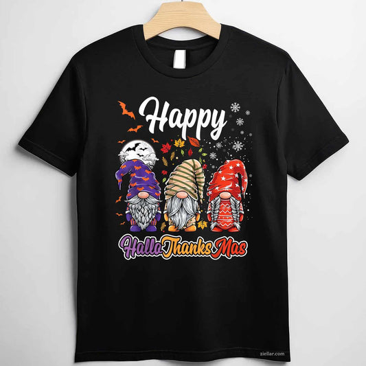 Happy Hallothanksmas Gnomes Halloween Thanksgiving Christmas Funny Graphic Tee and T-Shirt Gift for Adults Men Women Unisex Limited Edition