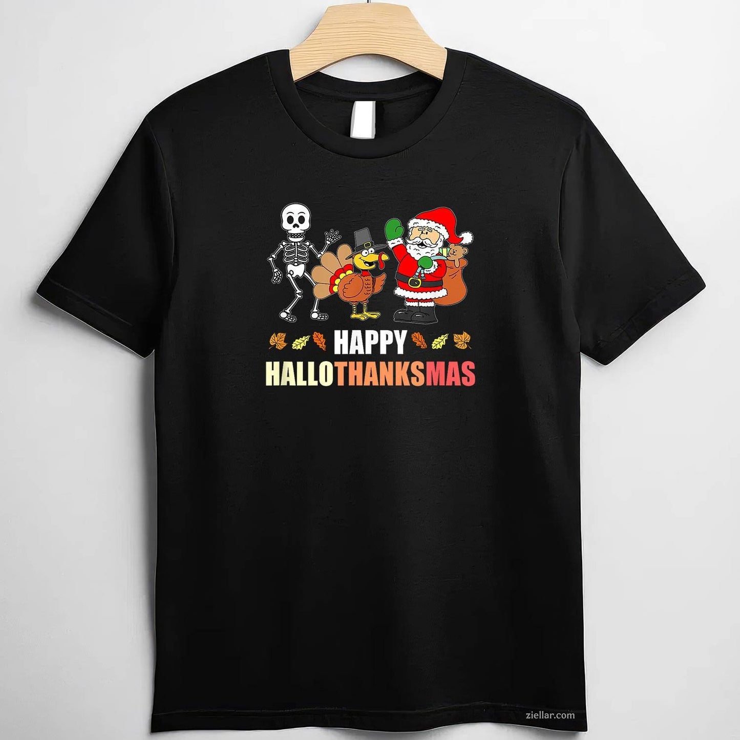 Happy HalloThanksMas Funny Three Holiday Funny Graphic Tee and T-Shirt Gift for Adults Men Women Unisex