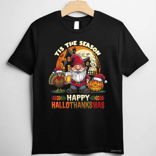 Happy Hallothanksmas Halloween Thanksgiving Merry Christmas Funny Graphic Tee and T-Shirt Gift for Adults Men Women Unisex