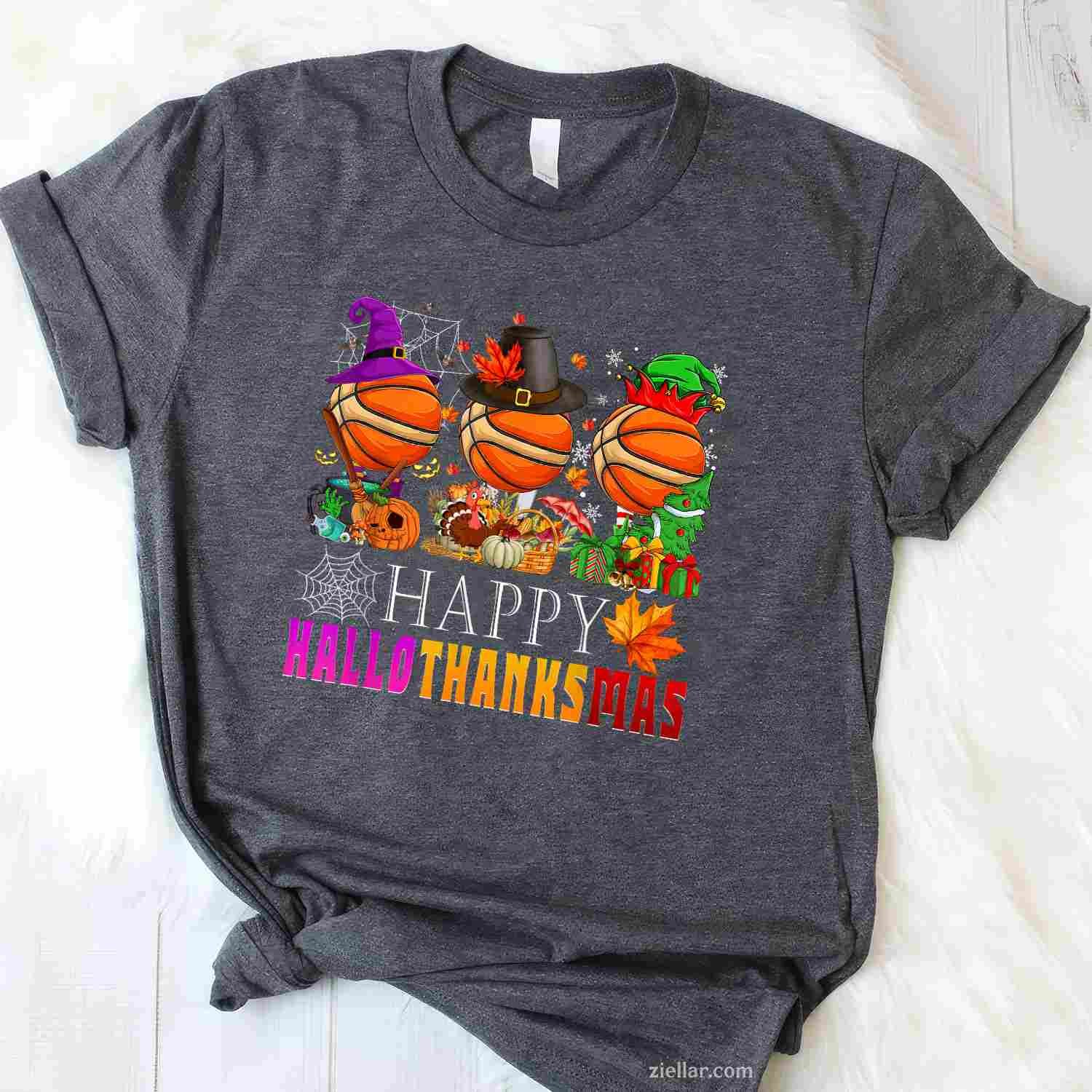 Happy Hallothanksmas Basketball Halloween Thanksgiving Xmas Funny Graphic Tee and T-Shirt Gift for Adults Men Women Unisex