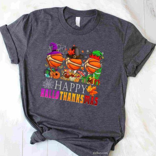 Happy Hallothanksmas Basketball Halloween Thanksgiving Xmas Funny Graphic Tee and T-Shirt Gift for Adults Men Women Unisex