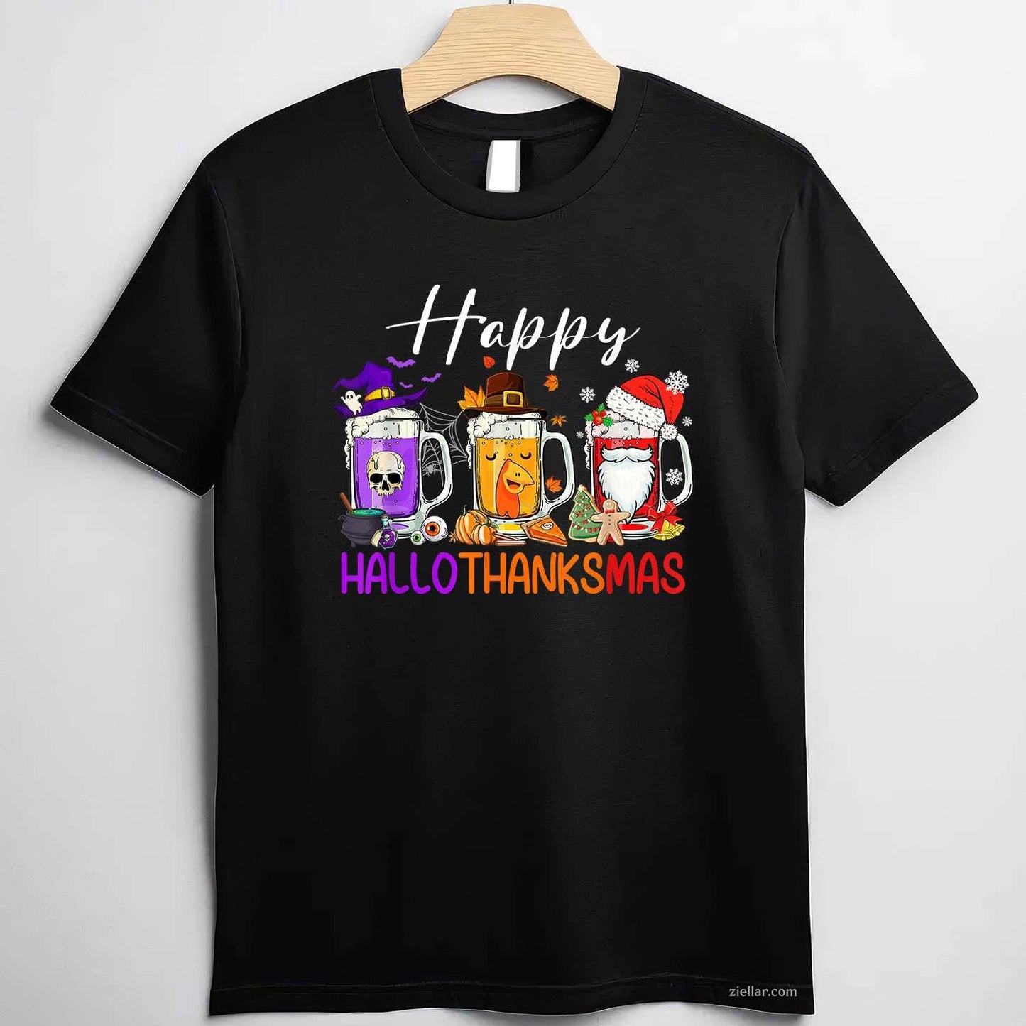 Happy Hallothanksmas Beer Halloween Thanksgiving Christmas Tee, Halloween T-Shirt for Men Women Adults Unisex, Classic Fit Unisex Design, Everyday Wear Essential