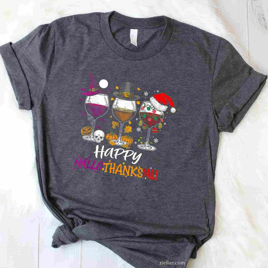 Happy Hallothanksmas Halloween Wine Thanksgiving Christmas Funny Graphic Tee and T-Shirt Gift for Adults Men Women Unisex