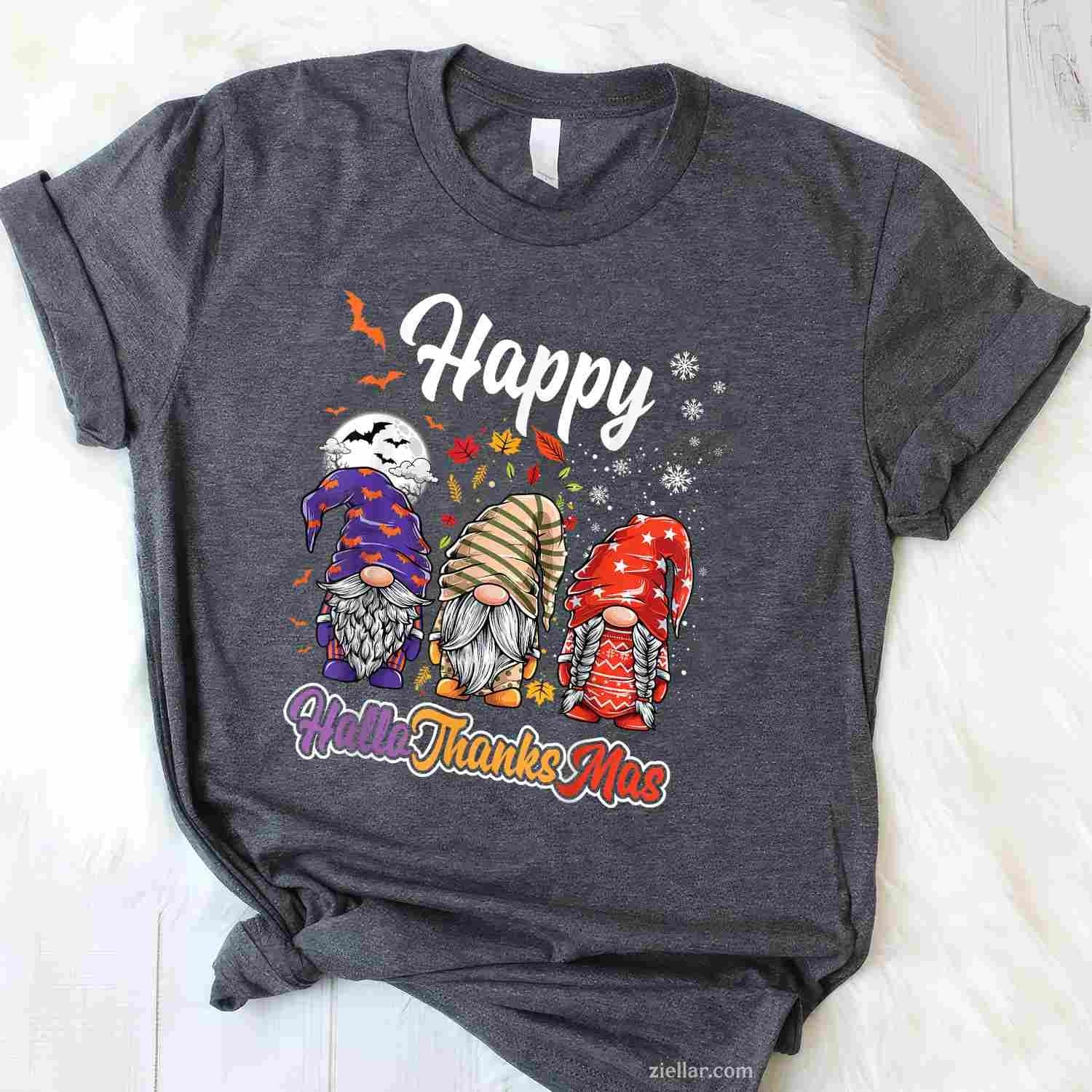 Happy Hallothanksmas Gnomes Halloween Thanksgiving Christmas Funny Graphic Tee and T-Shirt Gift for Adults Men Women Unisex Limited Edition