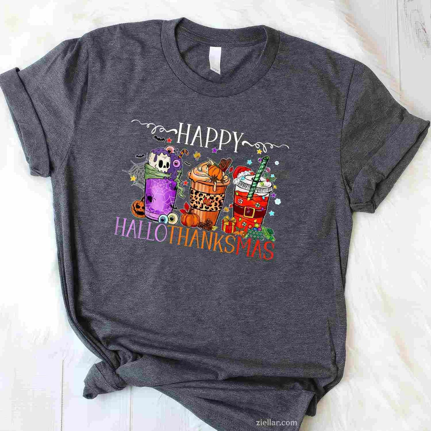 Happy Hallothanksmas Halloween Thanksgiving Christmas Funny Graphic Tee and T-Shirt Gift for Adults Men Women Unisex