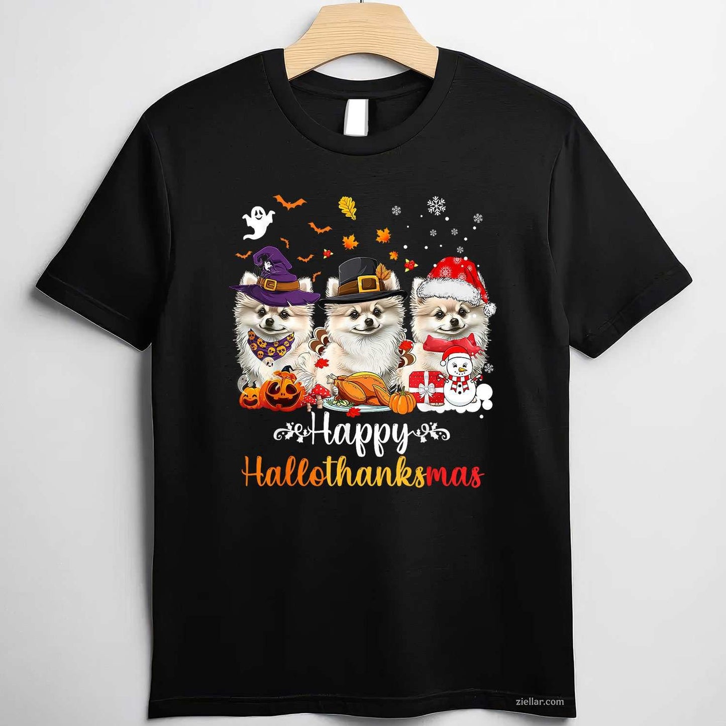 Happy Hallothanksmas Pomeranian Dog Halloween Christmas Men Women Kids Funny Graphic Tee and T-Shirt Gift for Adults Men Women Unisex