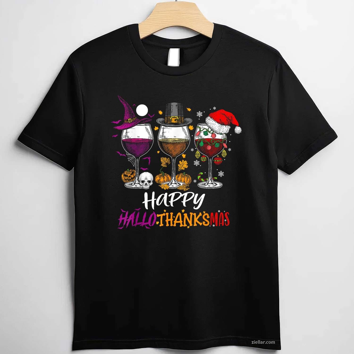 Happy Hallothanksmas Halloween Wine Thanksgiving Christmas Funny Graphic Tee and T-Shirt Gift for Adults Men Women Unisex