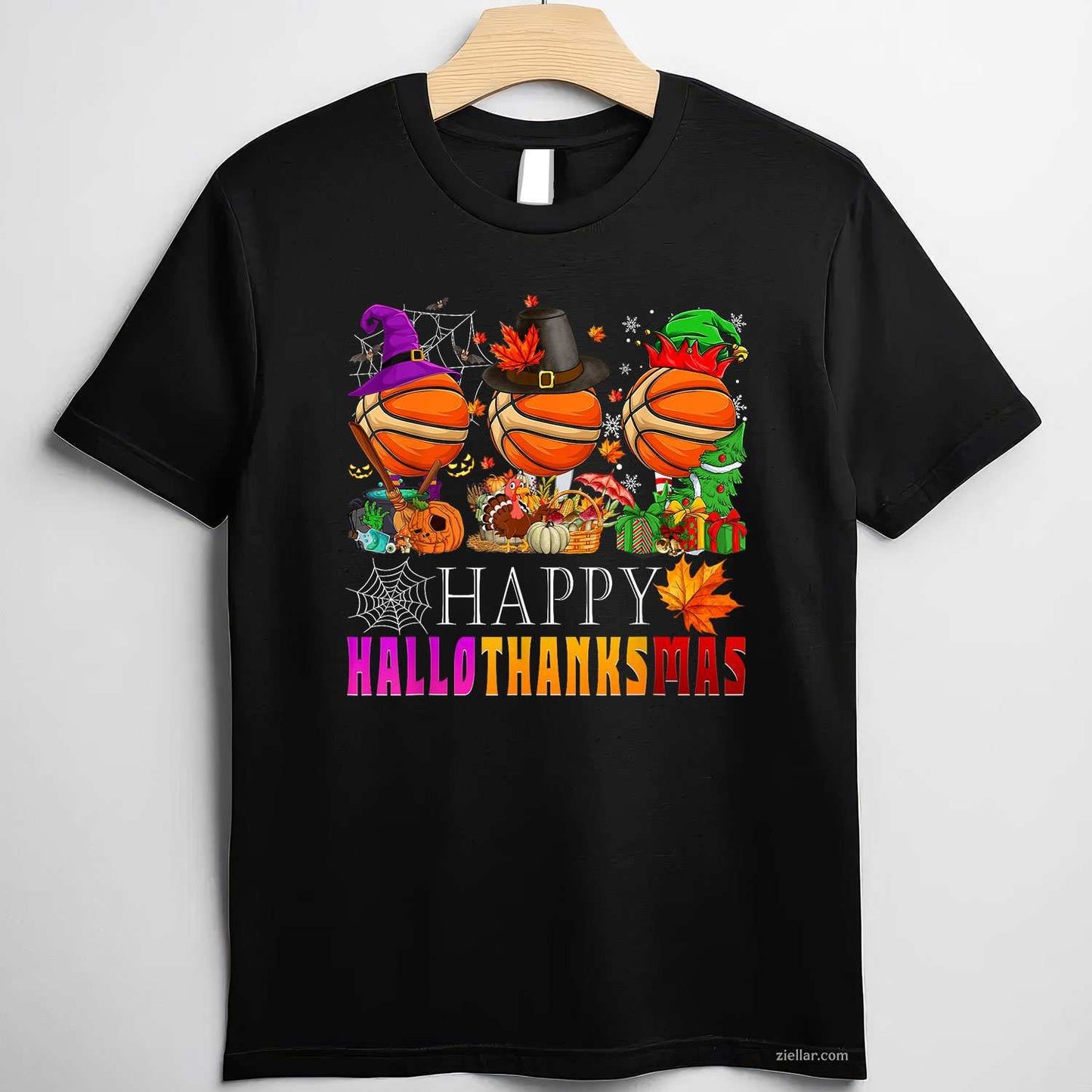 Happy Hallothanksmas Basketball Halloween Thanksgiving Xmas Funny Graphic Tee and T-Shirt Gift for Adults Men Women Unisex
