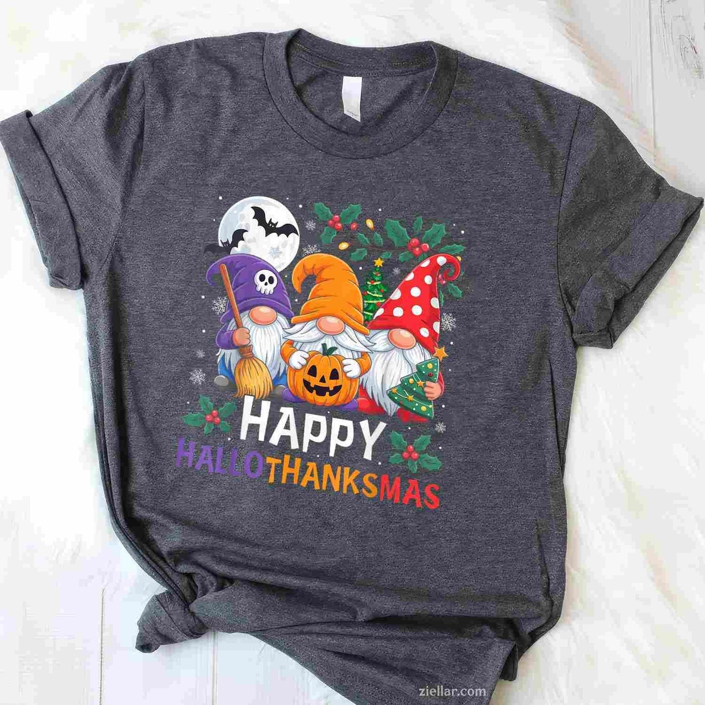 Happy HalloThanksMas Gnomes Halloween Thanksgiving Christmas Funny Graphic Tee and T-Shirt Gift for Adults Men Women Unisex