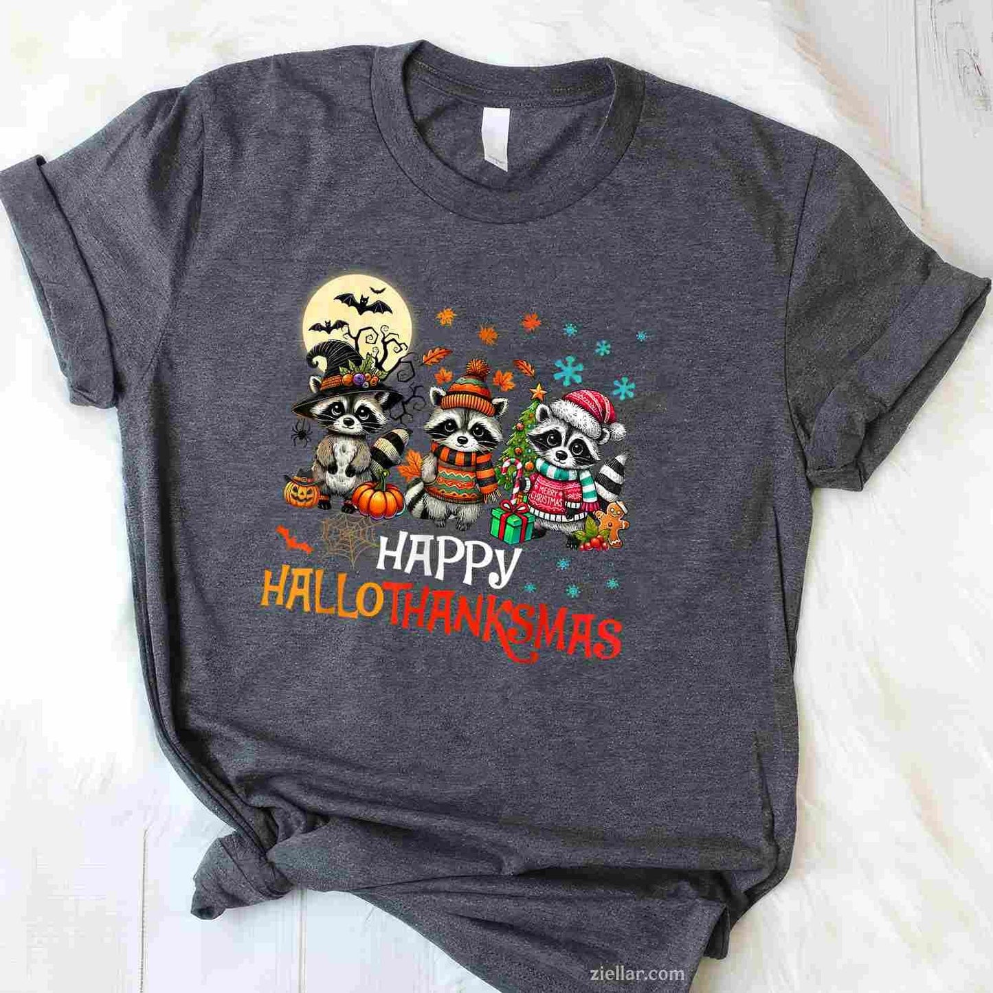 Happy Hallothanksmas Raccoon Lover Halloween Merry Christmas Funny Graphic Tee and T-Shirt Gift for Adults Men Women Unisex