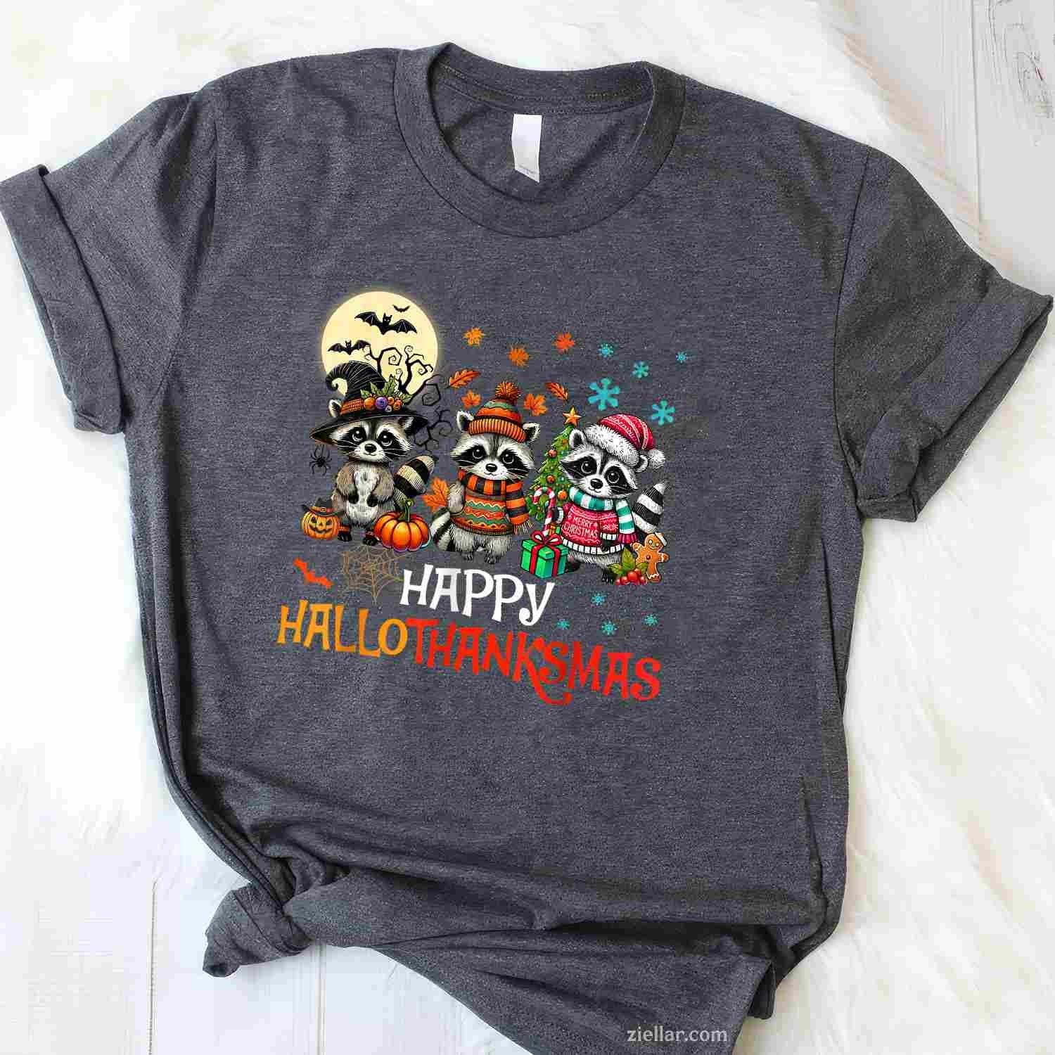 Happy Hallothanksmas Raccoon Lover Halloween Merry Christmas Funny Graphic Tee and T-Shirt Gift for Adults Men Women Unisex