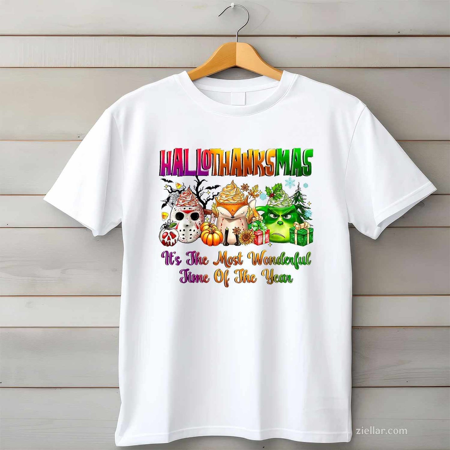 Happy Hallothanksmas Most Wonderful Time Fall Halloween Xmas Funny Graphic Tee and T-Shirt Gift for Adults Men Women Unisex