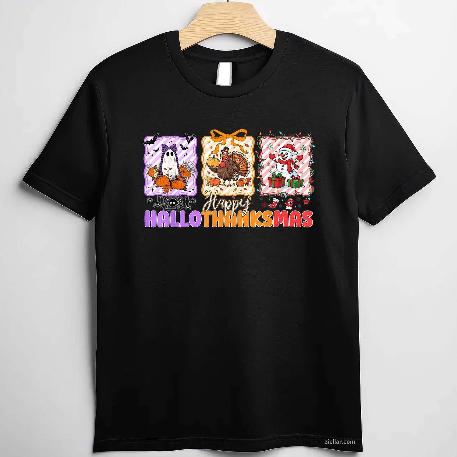 Happy Hallothanksmas Halloween Thanksgiving Christmas Women Funny Graphic Tee and T-Shirt Gift for Adults Men Women Unisex