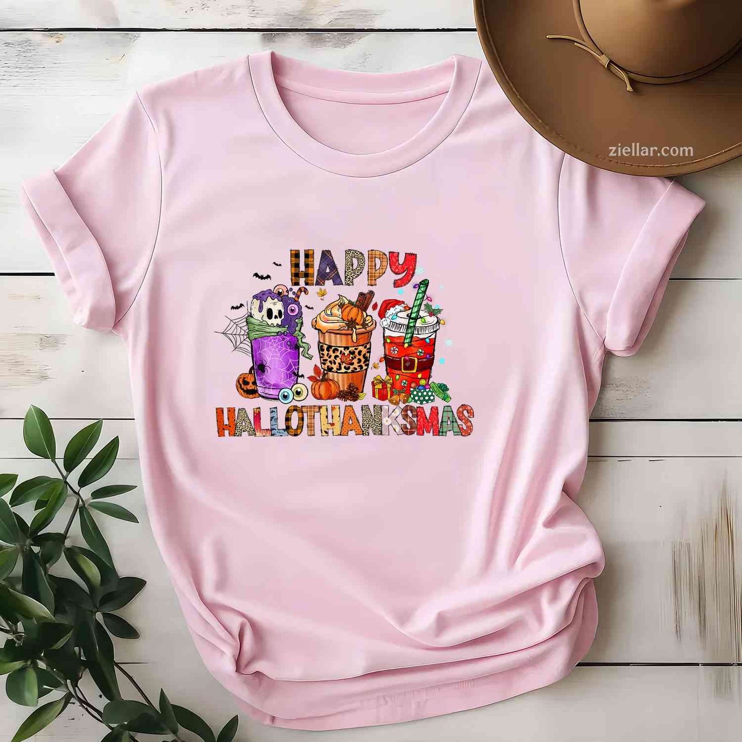 Happy Hallothanksmas Halloween Coffee Latte Thanksgiving Funny Graphic Tee and T-Shirt Gift for Adults Men Women Unisex