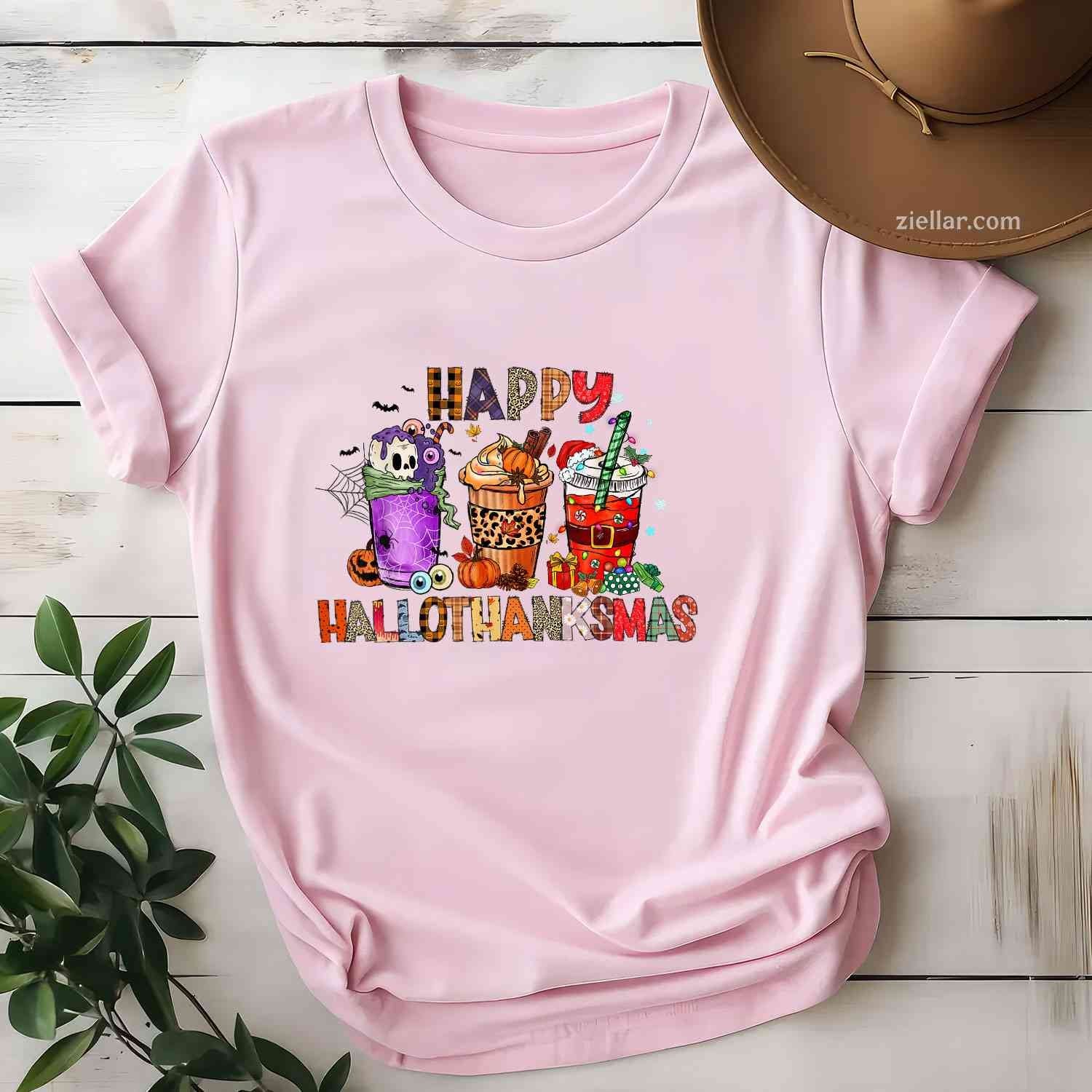 Happy Hallothanksmas Halloween Coffee Latte Thanksgiving Funny Graphic Tee and T-Shirt Gift for Adults Men Women Unisex