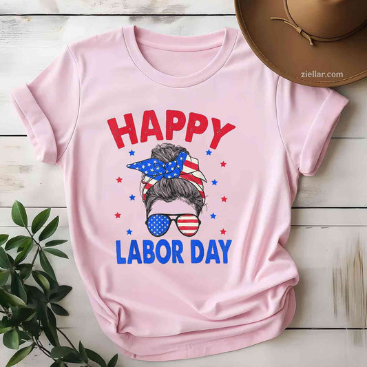 Happy Labor Day Shirt For Women Messy Bun Labor Day USA Flag T-Shirt Tee