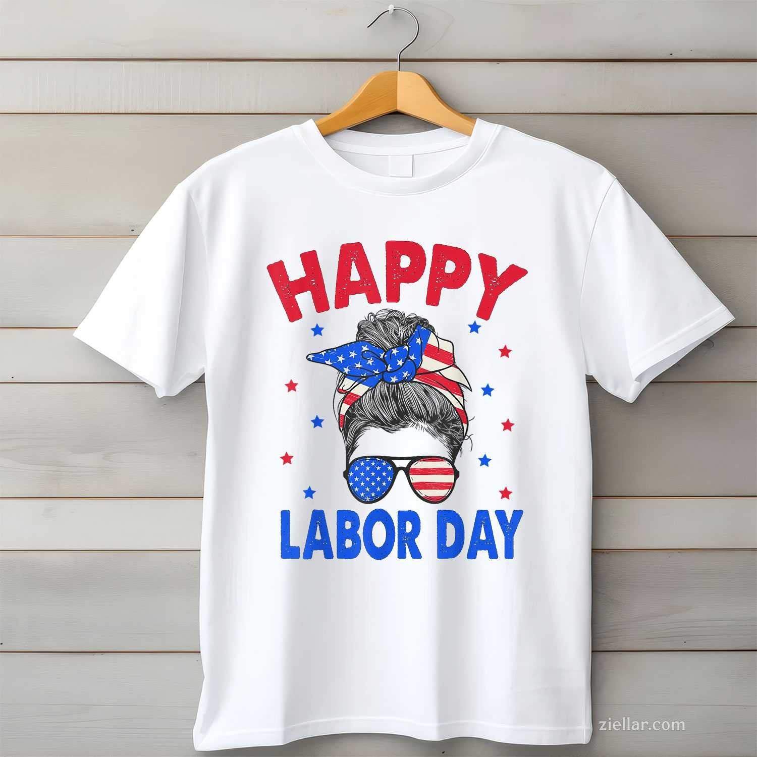 Happy Labor Day Shirt For Women Messy Bun Labor Day USA Flag T-Shirt Tee