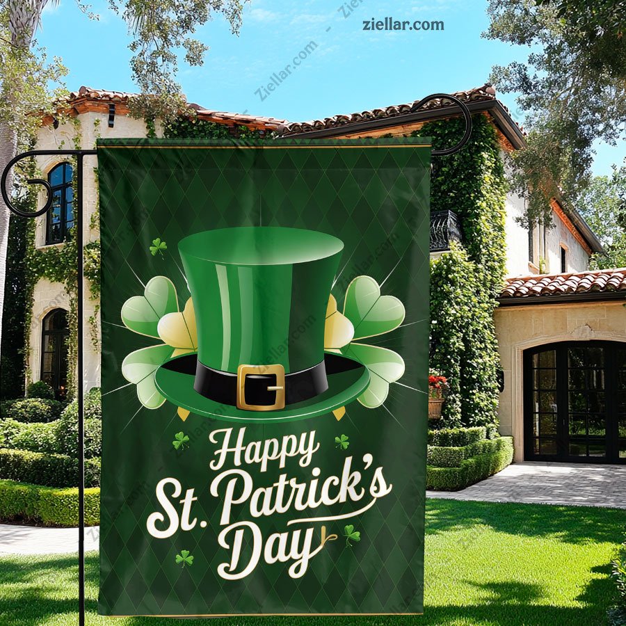 Happy St. Patrick's Day Garden Flag, Burlap Shamrock Outdoor Yard Decoration