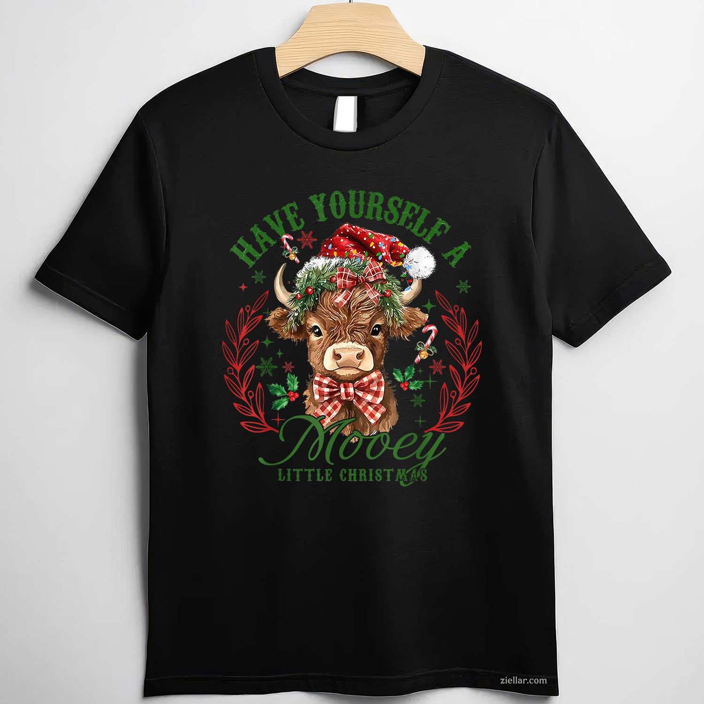 Have Yourself A Mooey Little Christmas Highland Cow Santa T-Shirt, A Funny Highland Cow Christmas Santa Tee