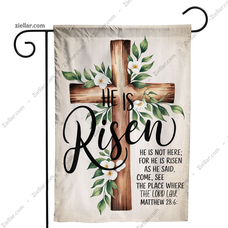 He Is Risen Easter Garden Flag, Watercolor Floral Cross Outdoor Yard Decor