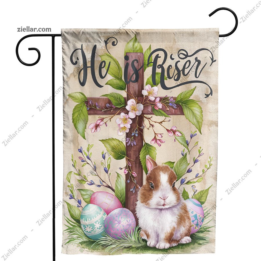 He Is Risen Easter Garden Flag 12x18 Inch Double Sided Cross Bunny Yard Decor