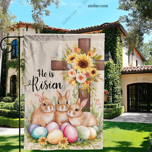 He Is Risen Easter Decor with Bunnies Cross Spring Christian Celebration Sign