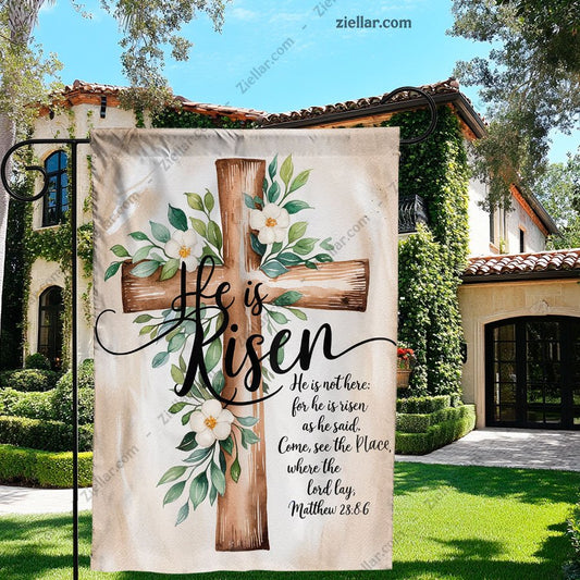 He Is Risen Easter Garden Flag Double Sided Spring Floral Cross Yard Decor