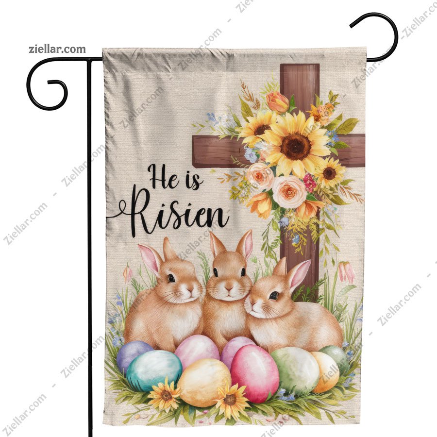 He Is Risen Easter Decor with Bunnies Cross Spring Christian Celebration Sign