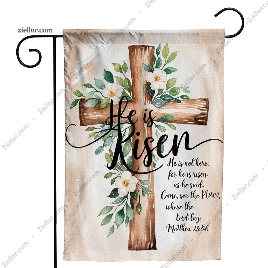 He Is Risen Easter Garden Flag Double Sided Spring Floral Cross Yard Decor