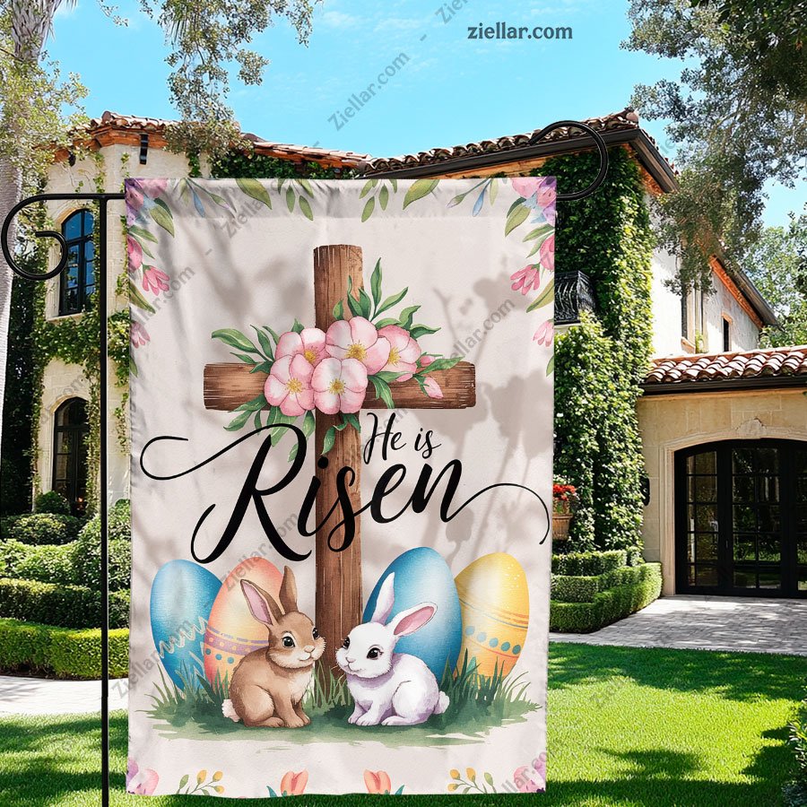 He Is Risen Easter Garden Flag 12x18 Inch, Double Sided Bunny Floral Yard Decor