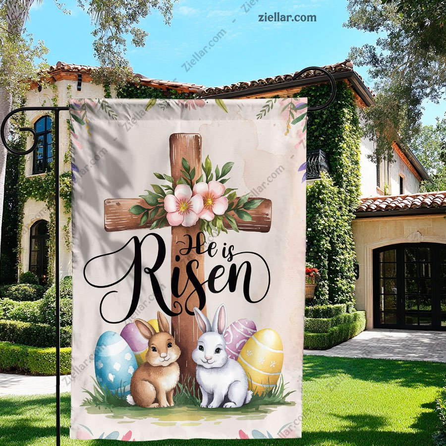 He Is Risen Easter Garden Flag 12x18 Inch, Double Sided Bunny Floral Yard Decor. Tee Gift